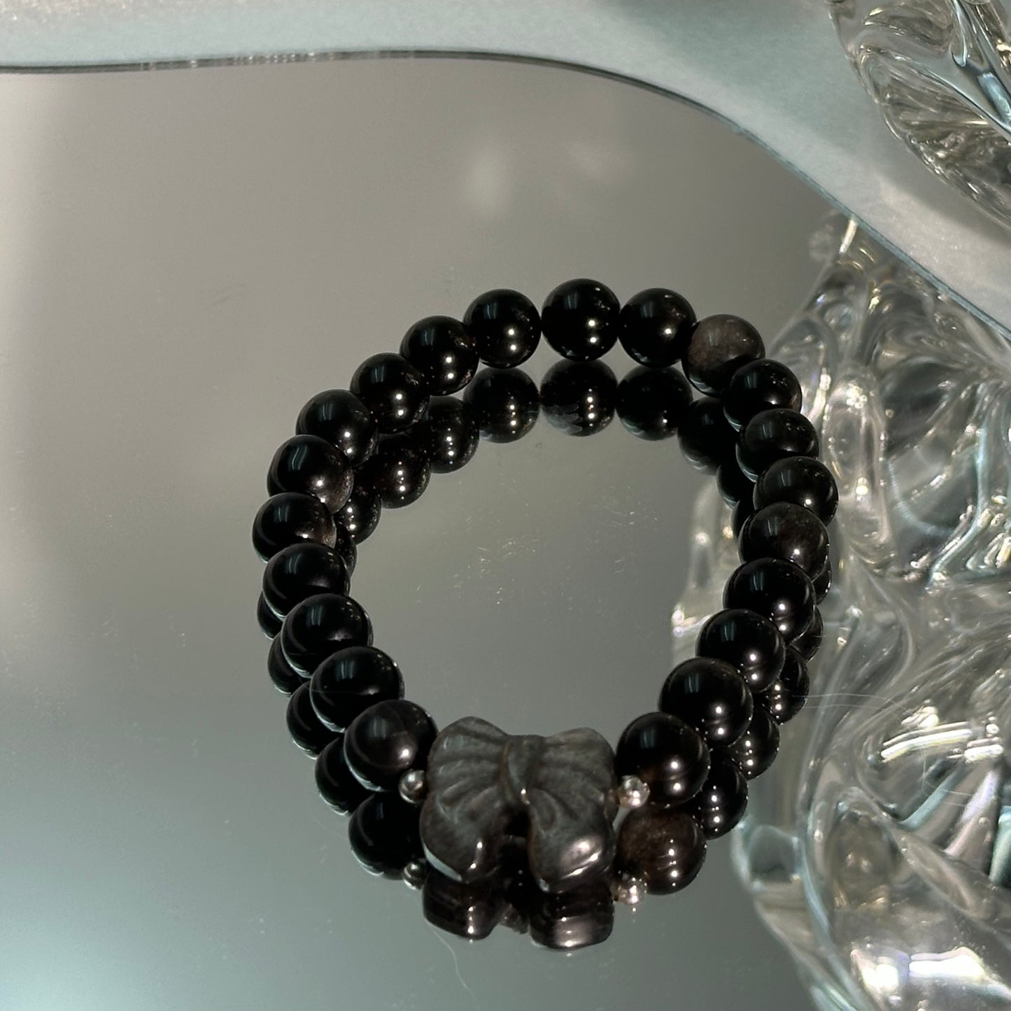 Silver Obsidian Bracelet with Bow