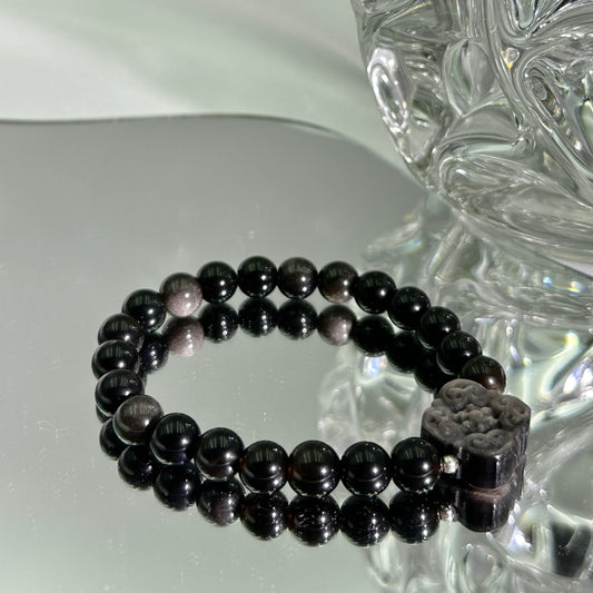 Silver Obsidian Carved Ruyi Bracelet