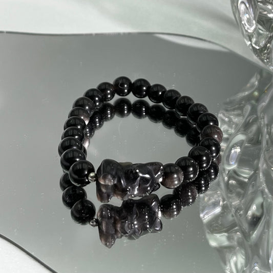 Silver Obsidian Carved Heart Fox Bracelet