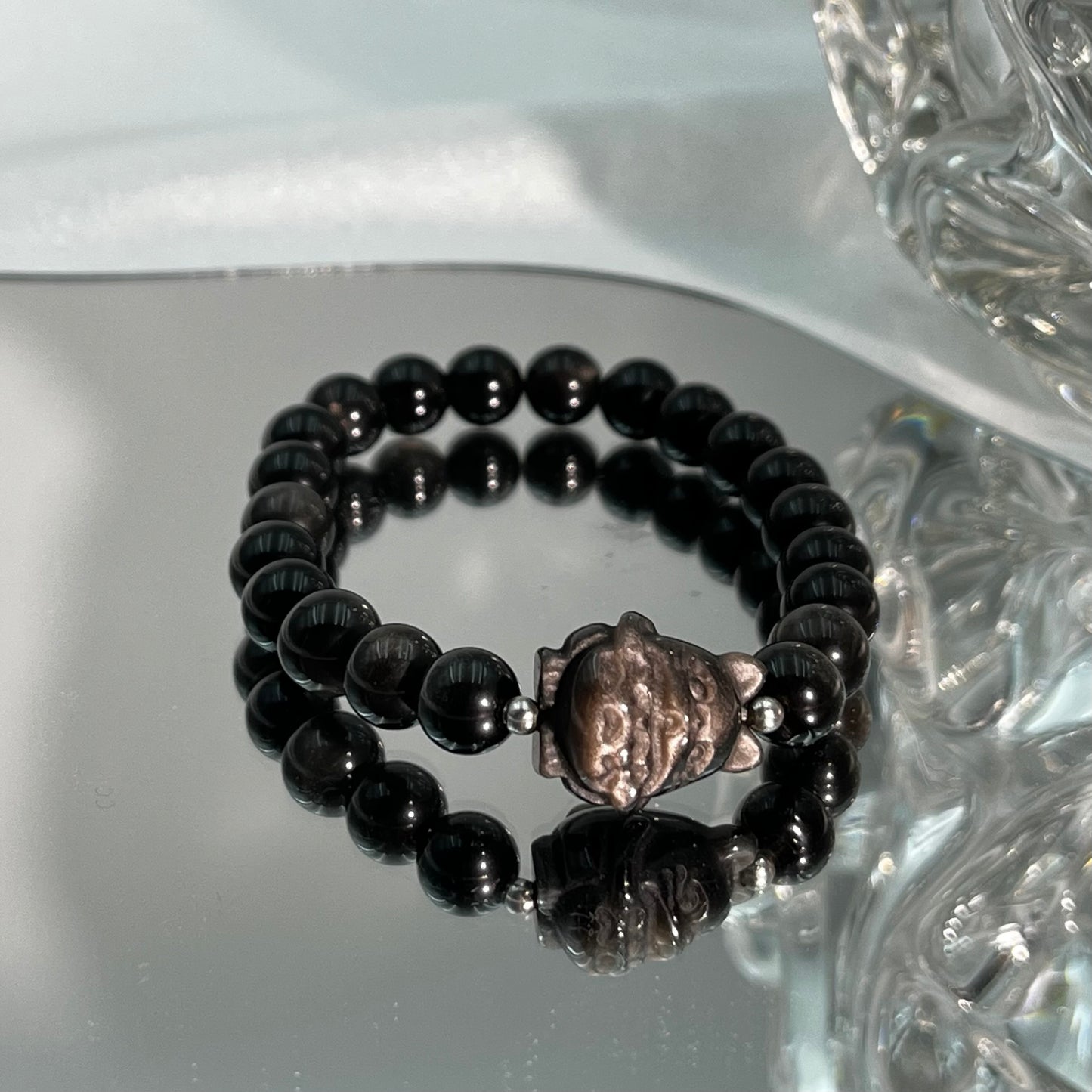 Silver Obsidian Bracelet with Totoro