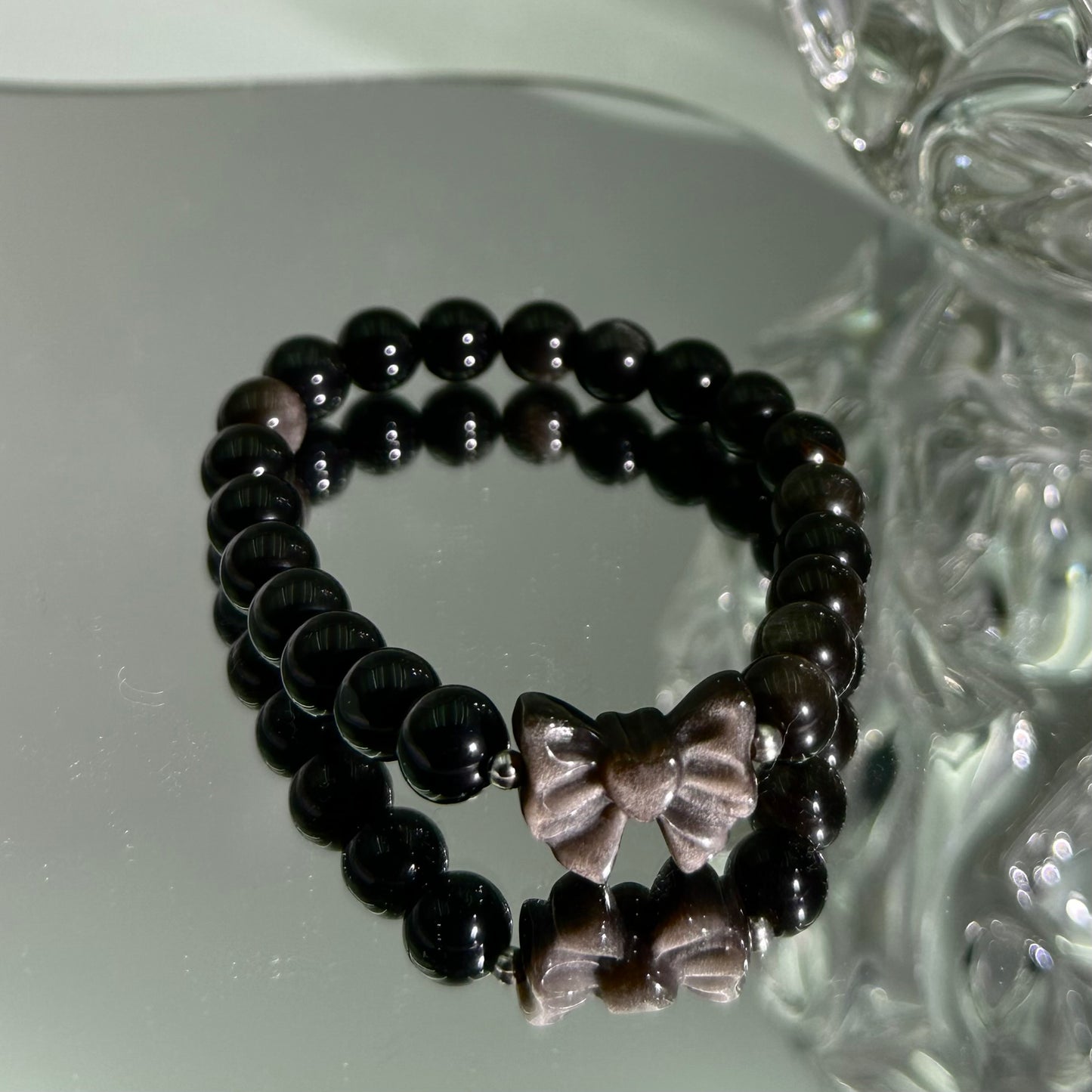 Silver Obsidian Bracelet with Carved Heart and Bow Charm 8M