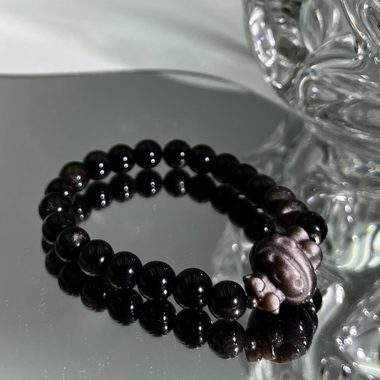 Silver obsidian carved bracelet with My Melody