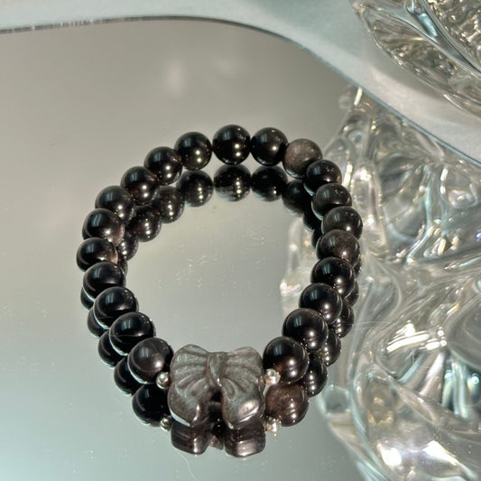 Silver Obsidian Bracelet with Bow