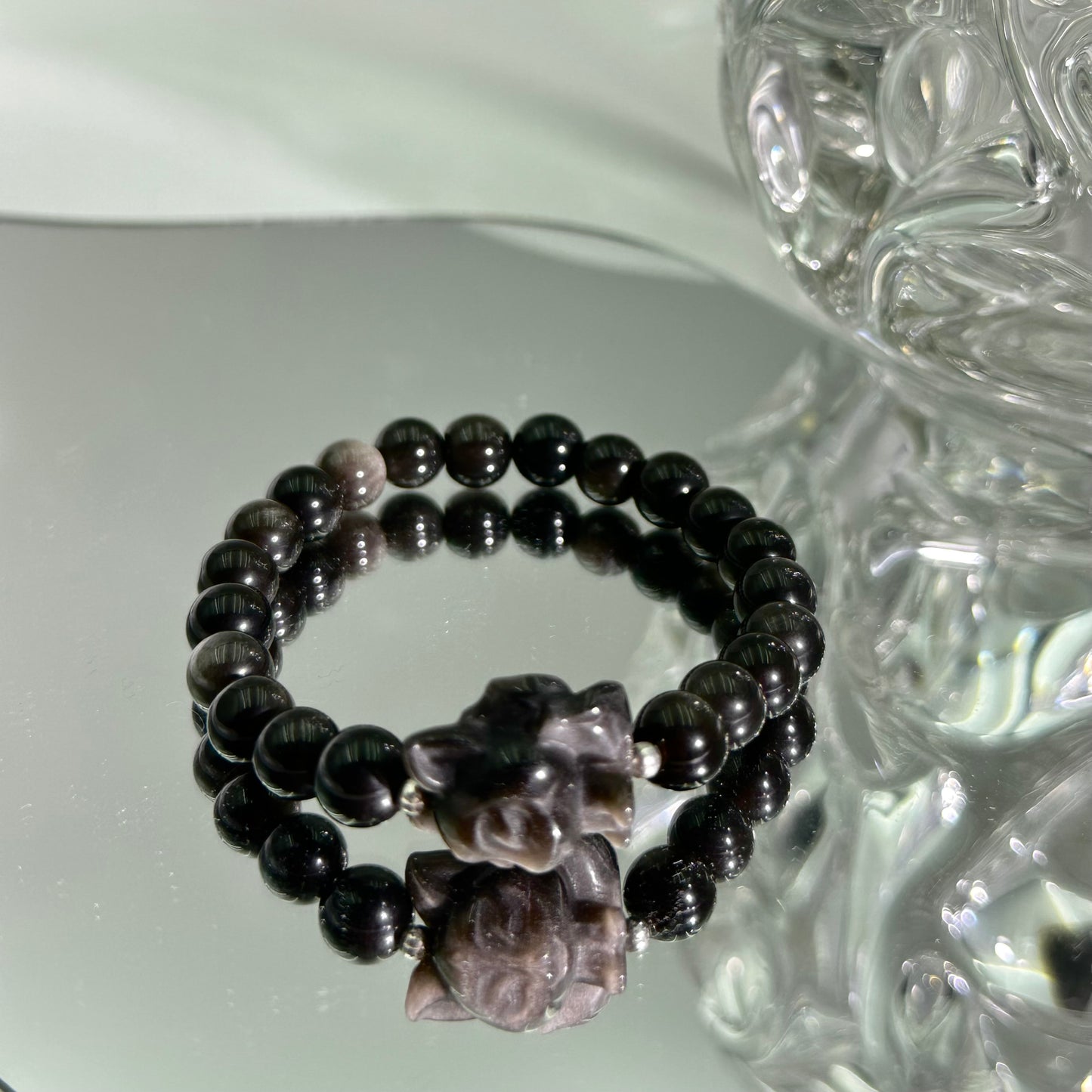 Silver Obsidian Bracelet with Carved Nine-Tailed Fox