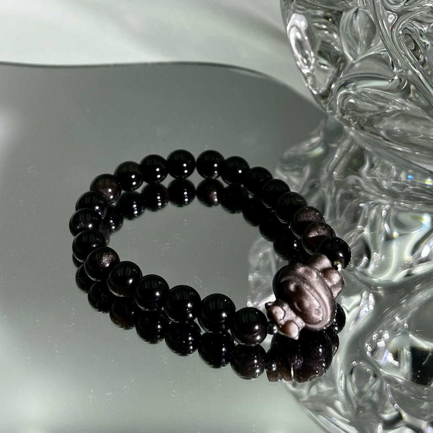 Silver obsidian carved bracelet with My Melody