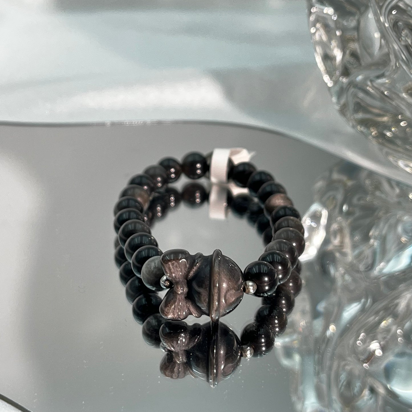 Silver Obsidian Bracelet with Bow Bell