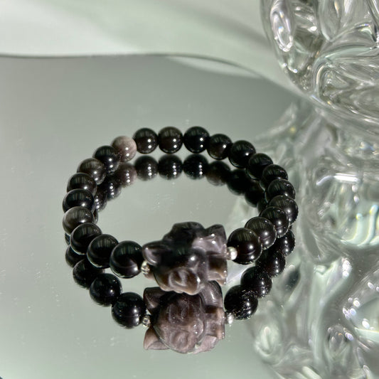 Silver Obsidian Bracelet with Carved Nine-Tailed Fox