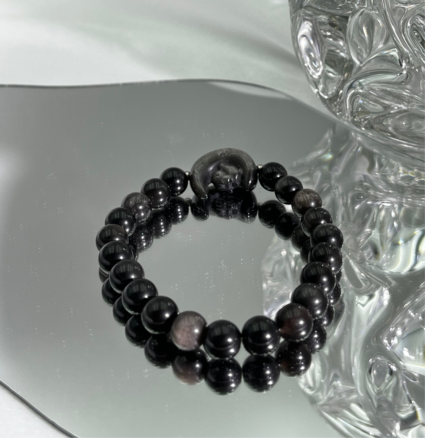 Silver obsidian carved bracelet with moon rabbit