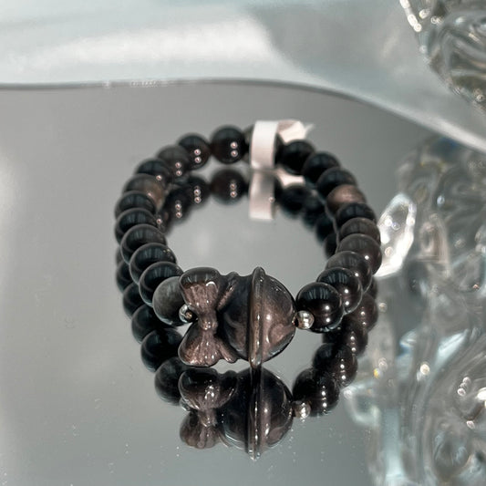 Silver Obsidian Bracelet with Bow Bell