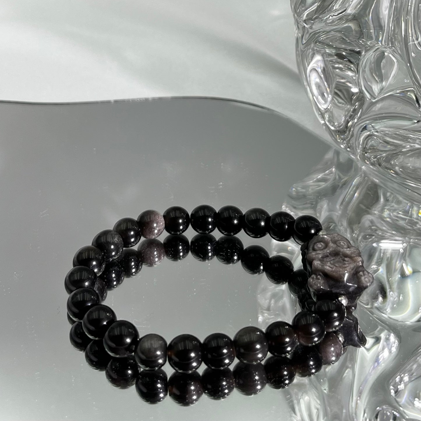 Silver obsidian carved bracelet with wealth beast 8M
