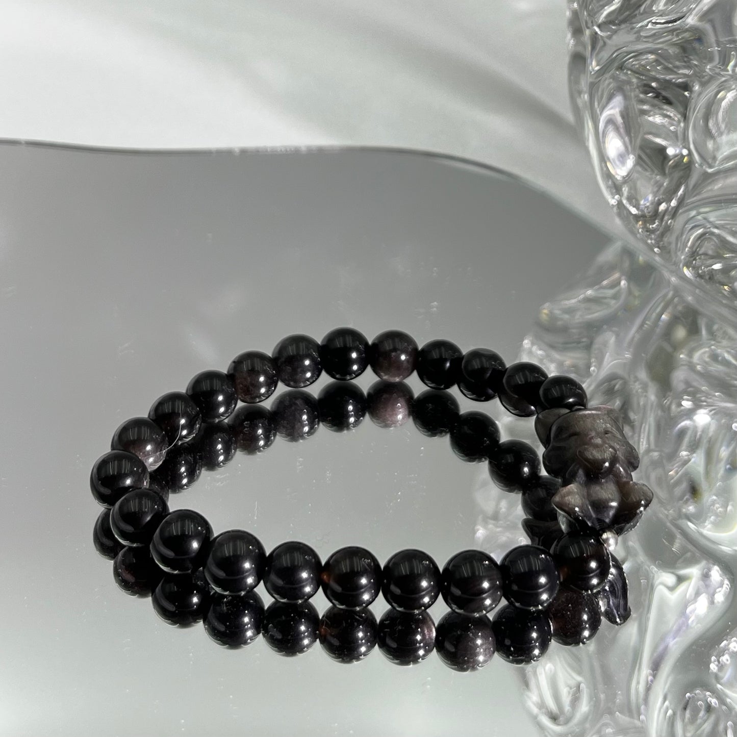 Silver Obsidian Carved Heart Fox Bracelet