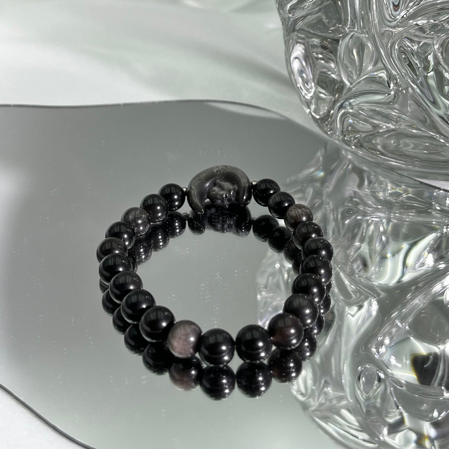 Silver obsidian carved bracelet with moon rabbit