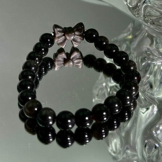 Silver Obsidian Bracelet with Carved Heart and Bow Charm 8M