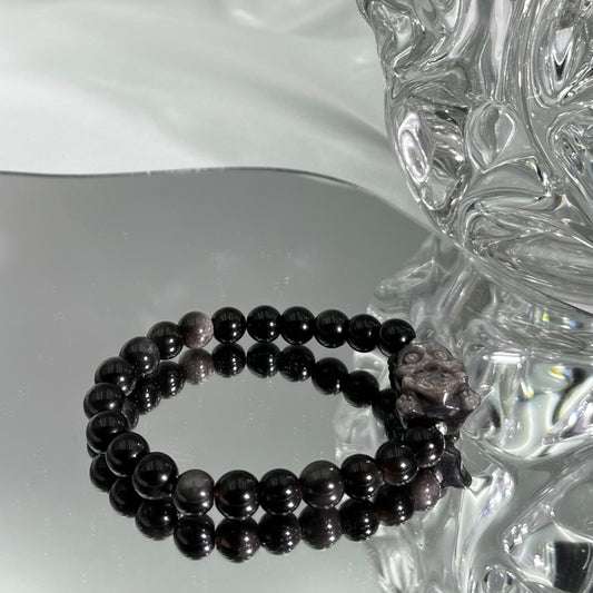 Silver obsidian carved bracelet with wealth beast 8M
