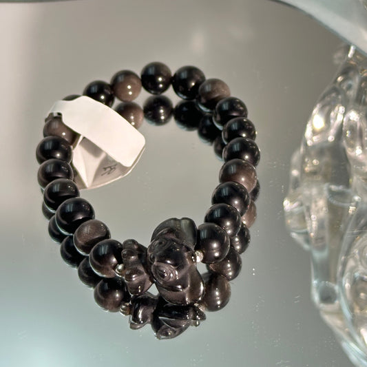Silver Obsidian Bracelet with Stitch