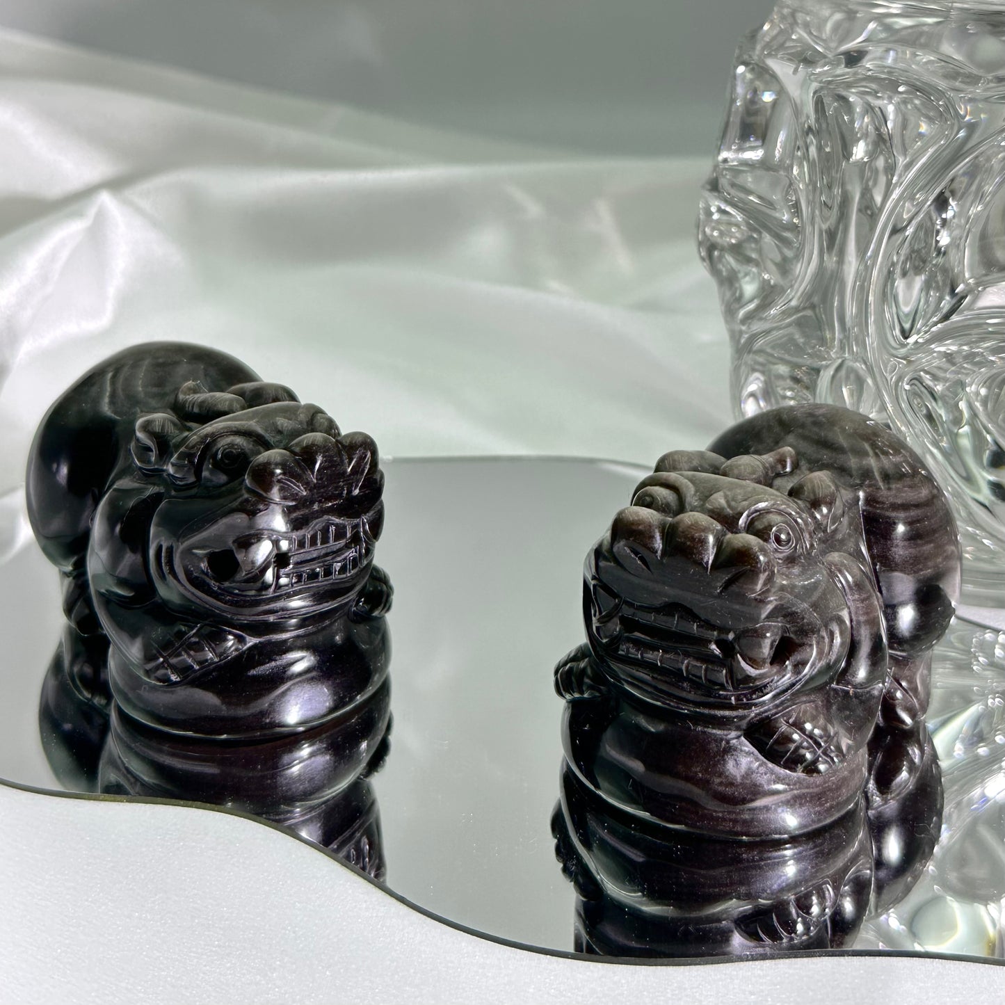 silver obsidian Pi Xiu carved ornament 2pack