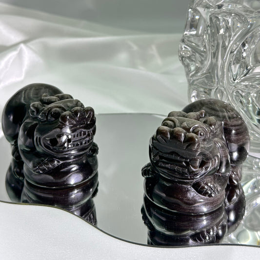 silver obsidian Pi Xiu carved ornament 2pack