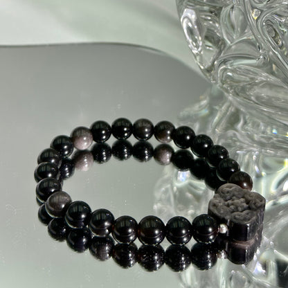 Silver Obsidian Carved Ruyi Bracelet